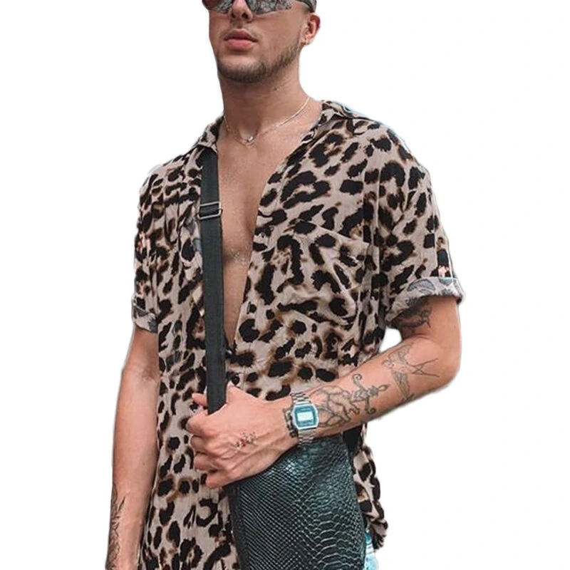 OUTDOOR Summer Leopard Print Shirts Fashion Men Short Sleeve Lapel Shirt Casual Floral Blouse Men Hawaiian Beach Tops (image for) OUTDOOR Summer Leopard Print Shirts Fashion Men Short Sleeve Lapel Shirt Casual Floral Blouse Men Hawaiian Beach Tops